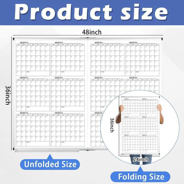 Alt view image 2 of 6 - Large 48" x 36" Magnetic 12 Month Dry Erase Calendar White Board Foldable Whiteboard Calendar for Wall Mounted 2 in 1 Double Side Whiteboard with Dry Erase Board for Wall Office Home