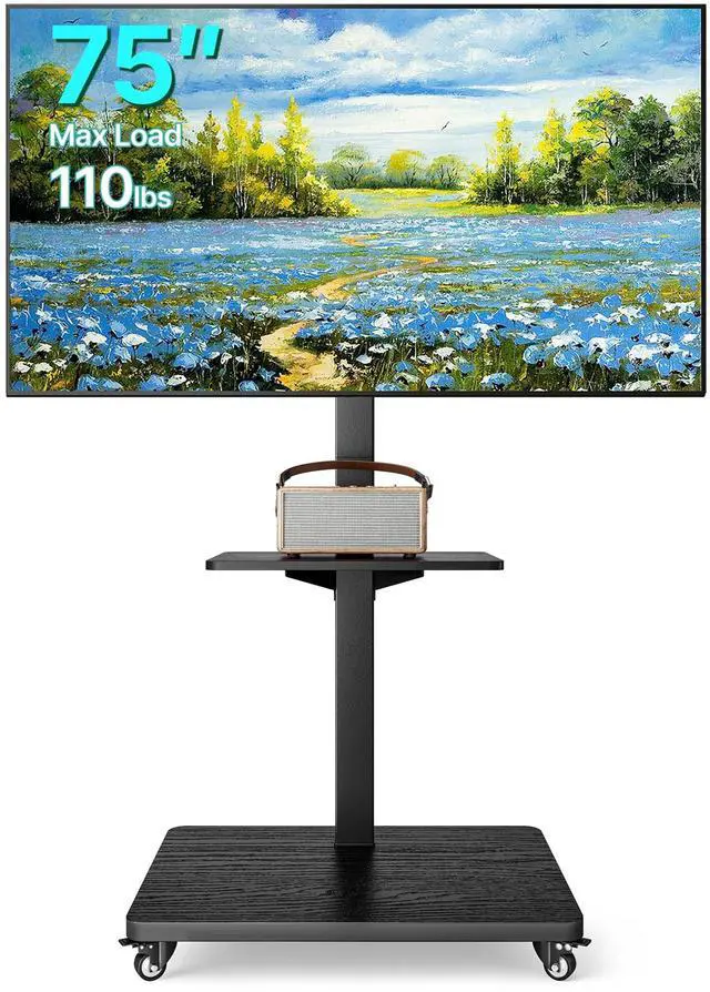Main image of Rolling TV Stand for 32-75 Inch TVs Holds up to 110 lbs | Mobile TV Stand on Metal Wheels with Shelf, Tilt & Swivel Portable TV Mount, Height Adjustable TV Cart with Wire Management