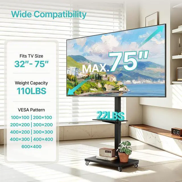 Alt view image 2 of 7 - Rolling TV Stand for 32-75 Inch TVs Holds up to 110 lbs | Mobile TV Stand on Metal Wheels with Shelf, Tilt & Swivel Portable TV Mount, Height Adjustable TV Cart with Wire Management