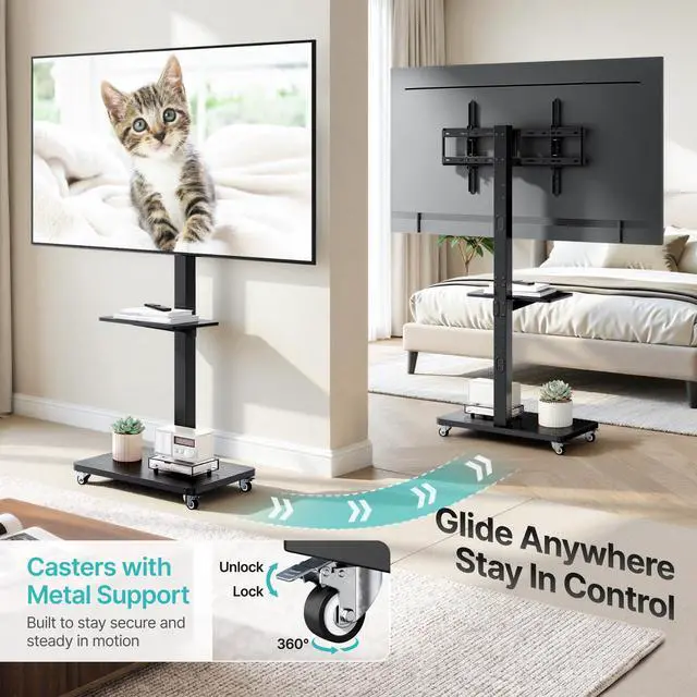Alt view image 3 of 7 - Rolling TV Stand for 32-75 Inch TVs Holds up to 110 lbs | Mobile TV Stand on Metal Wheels with Shelf, Tilt & Swivel Portable TV Mount, Height Adjustable TV Cart with Wire Management