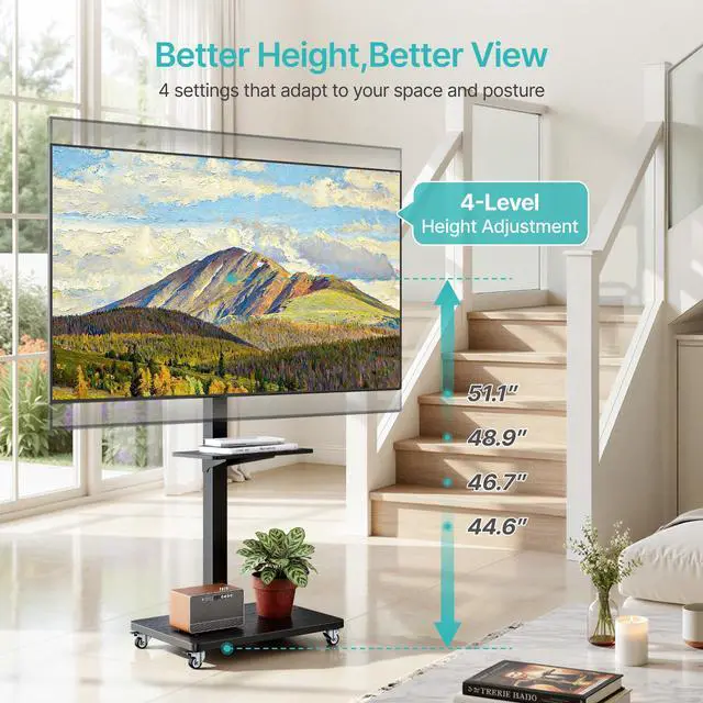 Alt view image 4 of 7 - Rolling TV Stand for 32-75 Inch TVs Holds up to 110 lbs | Mobile TV Stand on Metal Wheels with Shelf, Tilt & Swivel Portable TV Mount, Height Adjustable TV Cart with Wire Management
