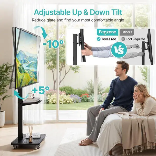 Alt view image 6 of 7 - Rolling TV Stand for 32-75 Inch TVs Holds up to 110 lbs | Mobile TV Stand on Metal Wheels with Shelf, Tilt & Swivel Portable TV Mount, Height Adjustable TV Cart with Wire Management