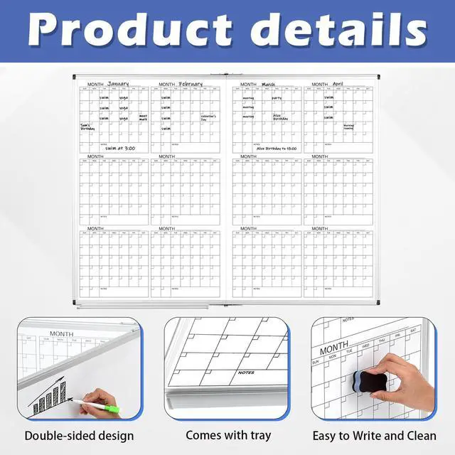 Alt view image 3 of 6 - Large 48" x 36" Magnetic 12 Month Dry Erase Calendar White Board Foldable Whiteboard Calendar for Wall Mounted 2 in 1 Double Side Whiteboard with Dry Erase Board for Wall Office Home