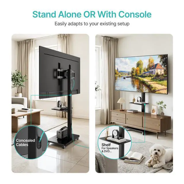 Alt view image 7 of 7 - Rolling TV Stand for 32-75 Inch TVs Holds up to 110 lbs | Mobile TV Stand on Metal Wheels with Shelf, Tilt & Swivel Portable TV Mount, Height Adjustable TV Cart with Wire Management