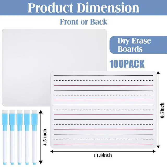 Alt view image 2 of 6 - 100 Pcs Lined Dry Erase Board with Markers 9 x 12 Double Sided Whiteboards Dry Erase Lapboards with Lines Ruled Writing Board Handwriting Practice