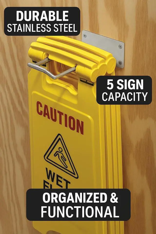 Alt view image 2 of 4 - Caution Wet Floor Safety Sign Hanger - Durable Zinc Plated Steel - Wall-Mountable - 5 Sign Capacity - Discreet, Compact, Easy to Install - Hardware Included - 2 Pack
