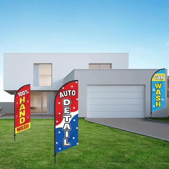Alt view image 7 of 7 - 3 Pcs Car Wash Sign Car Wash Flags Feather Flag Banner Auto Detail Hand Wash Sign Feather Advertising Flag with Pole Kit Weatherproof Polyester Flag for Business Advertising