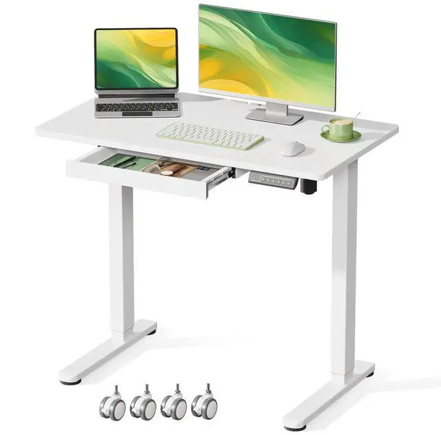 Main image of 35 Rolling Standing Desk with Drawer & Wheels, White | 18mm One-piece Electric Height Adjustable Desk with Cable Clip on Lockable Wheels, Small Mobile Rising Laptop Workstation
