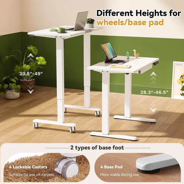 Alt view image 3 of 7 - 35 Rolling Standing Desk with Drawer & Wheels, White | 18mm One-piece Electric Height Adjustable Desk with Cable Clip on Lockable Wheels, Small Mobile Rising Laptop Workstation