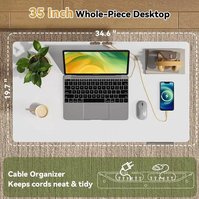 Alt view image 4 of 7 - 35 Rolling Standing Desk with Drawer & Wheels, White | 18mm One-piece Electric Height Adjustable Desk with Cable Clip on Lockable Wheels, Small Mobile Rising Laptop Workstation