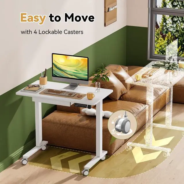 Alt view image 5 of 7 - 35 Rolling Standing Desk with Drawer & Wheels, White | 18mm One-piece Electric Height Adjustable Desk with Cable Clip on Lockable Wheels, Small Mobile Rising Laptop Workstation