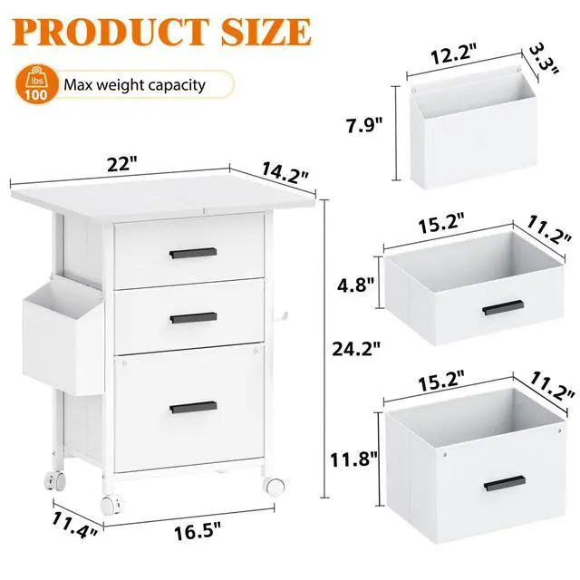 Alt view image 3 of 7 - 3 Drawer File Cabinet with 22'' Extended Desktop, Mobile Filing Cabinet, Printer Stand, Rolling Printer Stand with Side Bag, Fabric Drawer, Fits A4 Size, Home Office, White