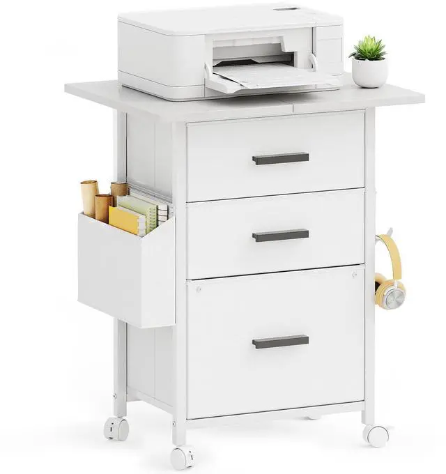 Main image of 3 Drawer File Cabinet with 22'' Extended Desktop, Mobile Filing Cabinet, Printer Stand, Rolling Printer Stand with Side Bag, Fabric Drawer, Fits A4 Size, Home Office, White