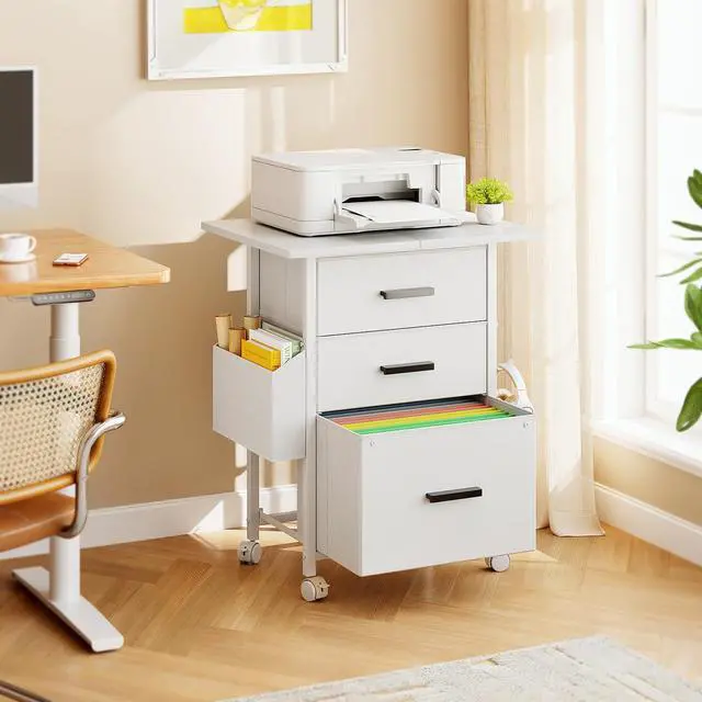 Alt view image 2 of 7 - 3 Drawer File Cabinet with 22'' Extended Desktop, Mobile Filing Cabinet, Printer Stand, Rolling Printer Stand with Side Bag, Fabric Drawer, Fits A4 Size, Home Office, White