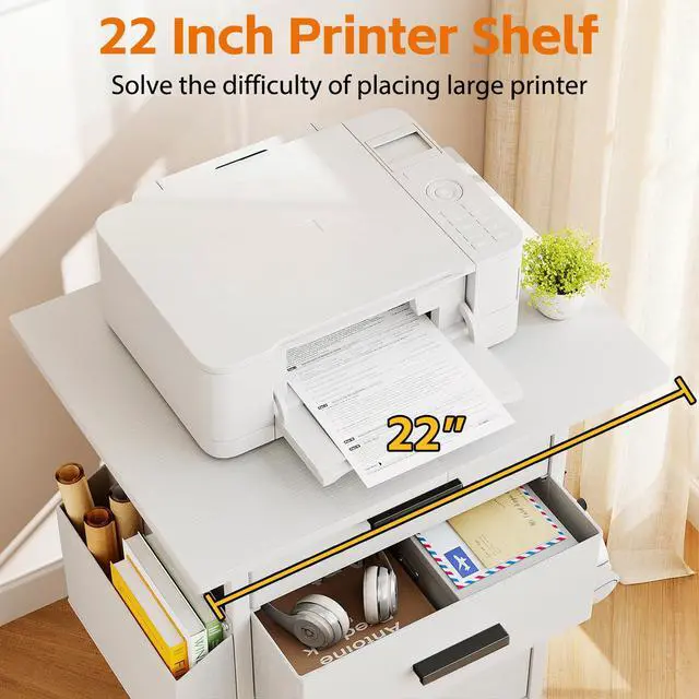 Alt view image 4 of 7 - 3 Drawer File Cabinet with 22'' Extended Desktop, Mobile Filing Cabinet, Printer Stand, Rolling Printer Stand with Side Bag, Fabric Drawer, Fits A4 Size, Home Office, White