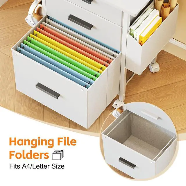 Alt view image 5 of 7 - 3 Drawer File Cabinet with 22'' Extended Desktop, Mobile Filing Cabinet, Printer Stand, Rolling Printer Stand with Side Bag, Fabric Drawer, Fits A4 Size, Home Office, White