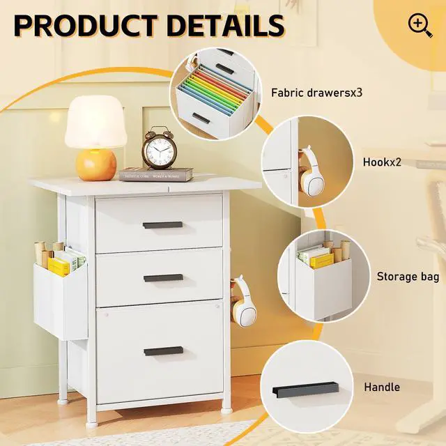 Alt view image 7 of 7 - 3 Drawer File Cabinet with 22'' Extended Desktop, Mobile Filing Cabinet, Printer Stand, Rolling Printer Stand with Side Bag, Fabric Drawer, Fits A4 Size, Home Office, White