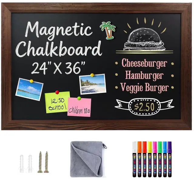 Main image of Magnetic Chalkboard for Wall, 24 x 36 Inch Solid Wood Framed Brown Magnetic Board, Wall Mounted Chalk Board for Kitchen, Restaurant, Food Truck and Calendar Board