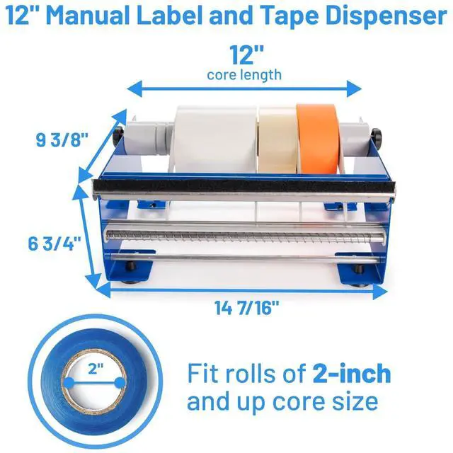 Alt view image 2 of 7 - 12" Manual Label and Tape Dispenser, 2" and Up Core Size, Adjustable Roll Width - Tabletop & Wall-Mounted Multi Roll Holder - Industrial Grade Steel Construction