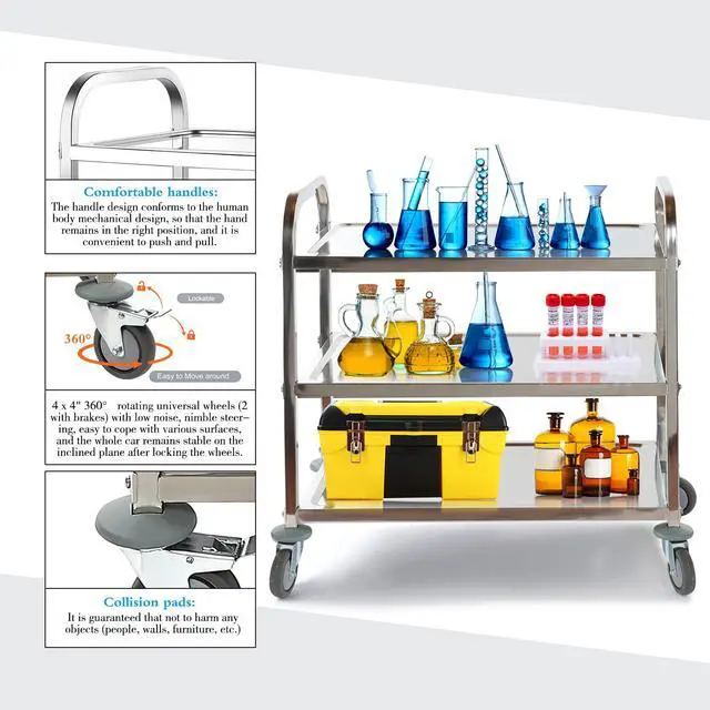 Alt view image 2 of 7 - Stainless Steel Utility Cart, 3-Tier Heavy-Duty Kitchen Cart with Lockable Wheels, 400lbs Capacity for Restaurant, Lab, Office - Commercial Grade & Easy Assembly