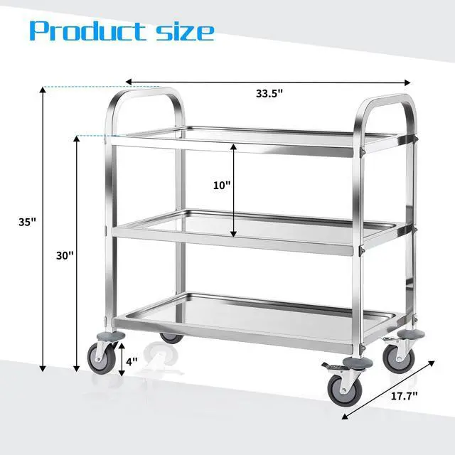 Alt view image 5 of 7 - Stainless Steel Utility Cart, 3-Tier Heavy-Duty Kitchen Cart with Lockable Wheels, 400lbs Capacity for Restaurant, Lab, Office - Commercial Grade & Easy Assembly