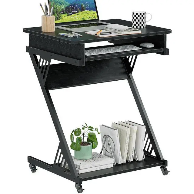 Main image of Computer Desk for Small Spaces,23.6" Z-Shaped Compact Study Table with Smooth Keyboard Tray,with Wheels and Bottom Shelves for Home OfficeComputer Cart Mobile Laptop Cart