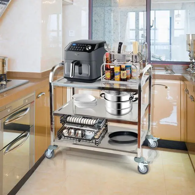 Alt view image 3 of 7 - Stainless Steel Utility Cart, 3-Tier Heavy-Duty Kitchen Cart with Lockable Wheels, 400lbs Capacity for Restaurant, Lab, Office - Commercial Grade & Easy Assembly