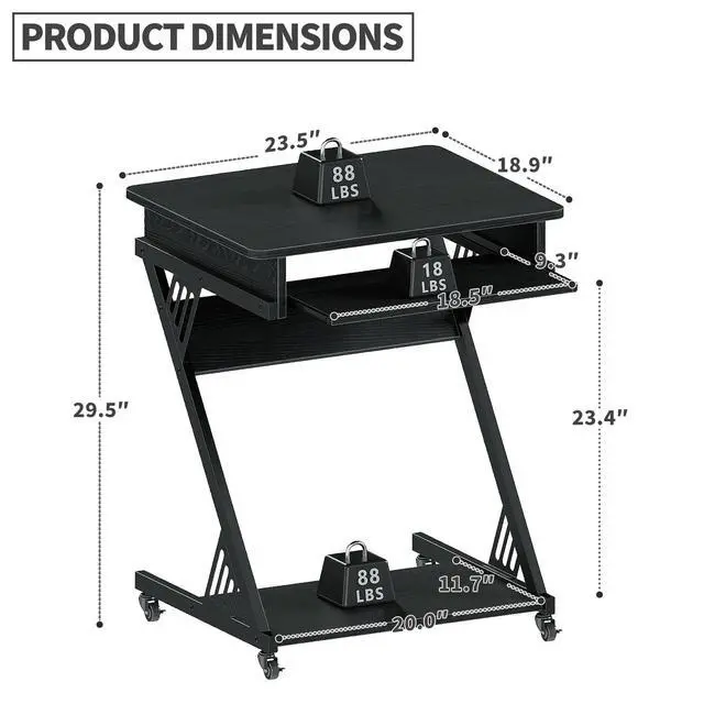 Alt view image 3 of 7 - Computer Desk for Small Spaces,23.6" Z-Shaped Compact Study Table with Smooth Keyboard Tray,with Wheels and Bottom Shelves for Home OfficeComputer Cart Mobile Laptop Cart