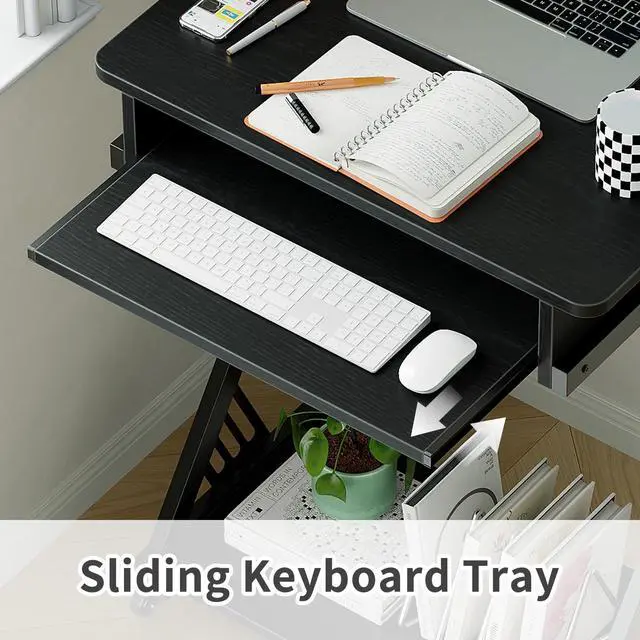 Alt view image 4 of 7 - Computer Desk for Small Spaces,23.6" Z-Shaped Compact Study Table with Smooth Keyboard Tray,with Wheels and Bottom Shelves for Home OfficeComputer Cart Mobile Laptop Cart
