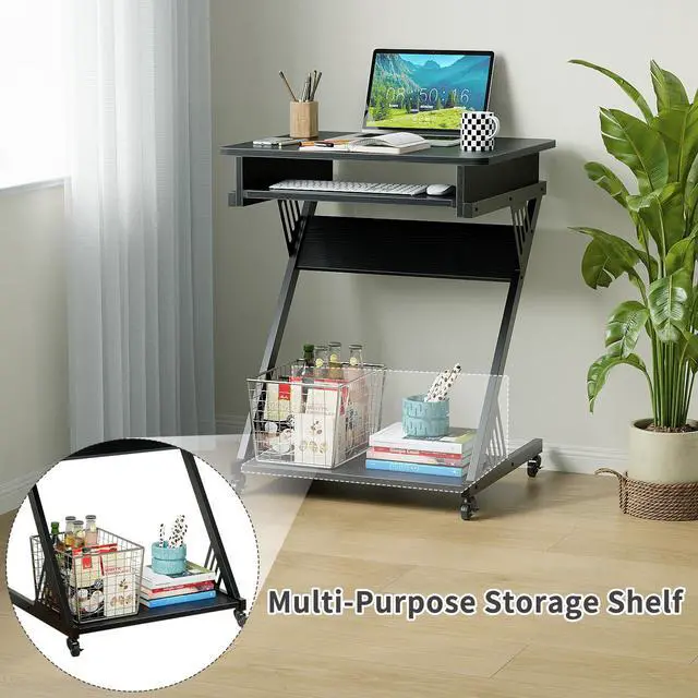 Alt view image 5 of 7 - Computer Desk for Small Spaces,23.6" Z-Shaped Compact Study Table with Smooth Keyboard Tray,with Wheels and Bottom Shelves for Home OfficeComputer Cart Mobile Laptop Cart