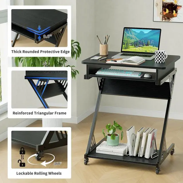 Alt view image 6 of 7 - Computer Desk for Small Spaces,23.6" Z-Shaped Compact Study Table with Smooth Keyboard Tray,with Wheels and Bottom Shelves for Home OfficeComputer Cart Mobile Laptop Cart