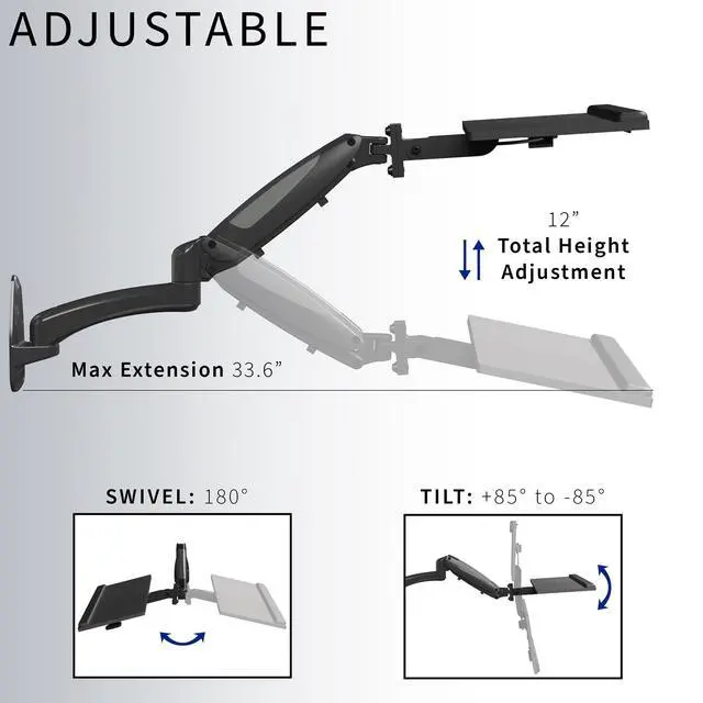 Alt view image 4 of 7 - Sit-Stand 24 Inch Pneumatic Spring Keyboard and Mouse Tray Wall Mount, Counterbalance Height Adjustable Typing Platform, Ergonomic Tilt, Black, MOUNT-KB35B