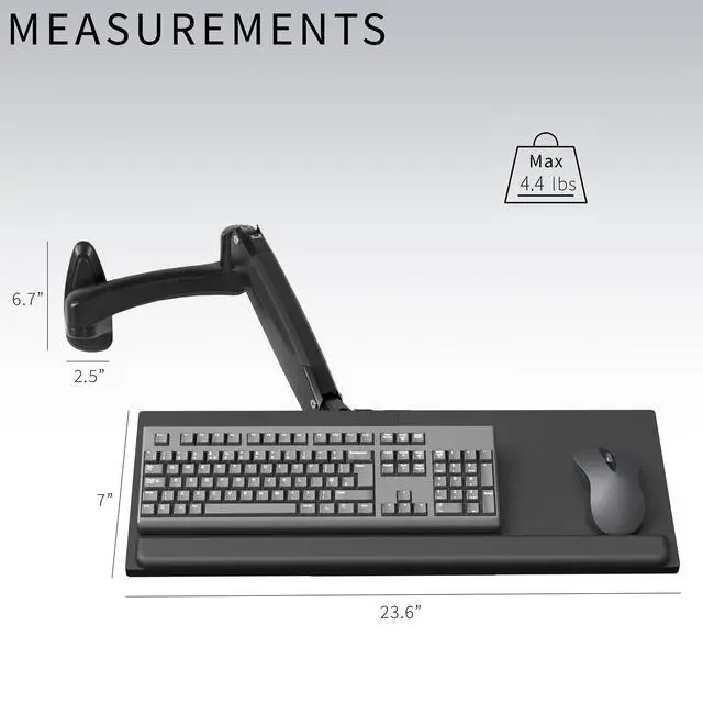 Alt view image 6 of 7 - Sit-Stand 24 Inch Pneumatic Spring Keyboard and Mouse Tray Wall Mount, Counterbalance Height Adjustable Typing Platform, Ergonomic Tilt, Black, MOUNT-KB35B