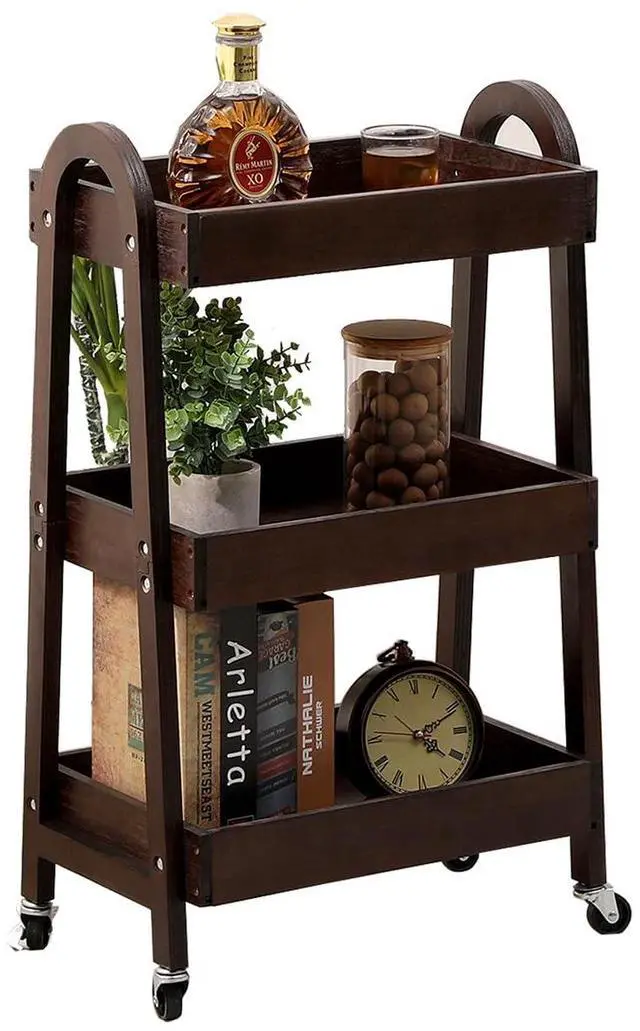 Main image of 3-Tier Wooden Rolling Cart- Wooden Utility Cart wit Wheels- Utility Rolling Cart-Storage Trolley Organizer- Rolling Kitchen Cart Serving Cart for Office,Kitchen, Kids' Room (Walnut Color)