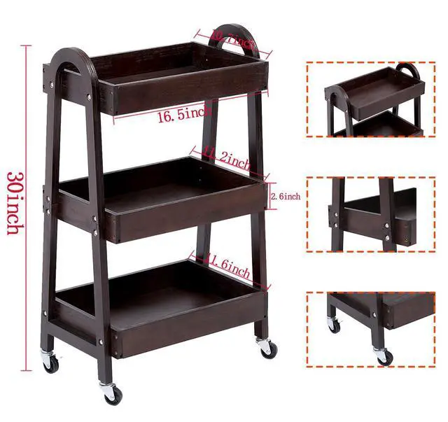 Alt view image 2 of 7 - 3-Tier Wooden Rolling Cart- Wooden Utility Cart wit Wheels- Utility Rolling Cart-Storage Trolley Organizer- Rolling Kitchen Cart Serving Cart for Office,Kitchen, Kids' Room (Walnut Color)