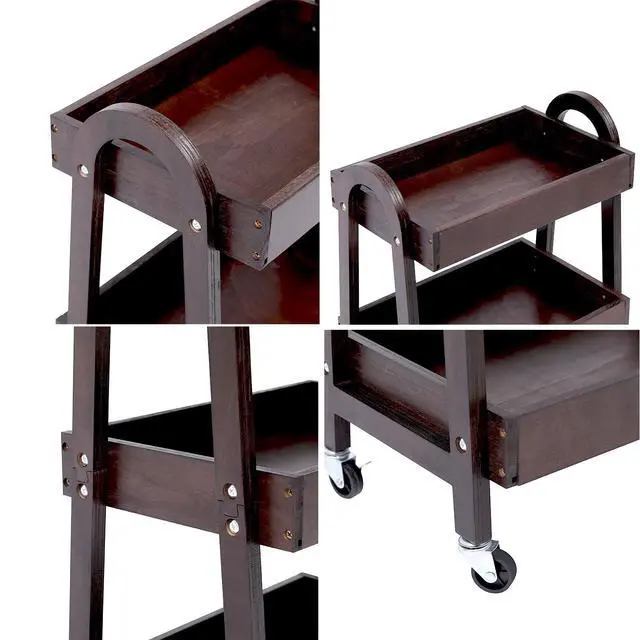 Alt view image 3 of 7 - 3-Tier Wooden Rolling Cart- Wooden Utility Cart wit Wheels- Utility Rolling Cart-Storage Trolley Organizer- Rolling Kitchen Cart Serving Cart for Office,Kitchen, Kids' Room (Walnut Color)