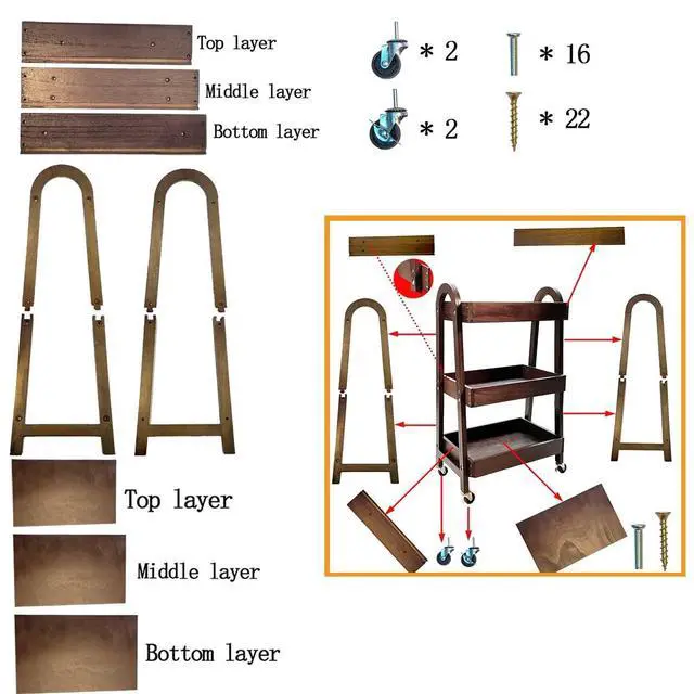 Alt view image 4 of 7 - 3-Tier Wooden Rolling Cart- Wooden Utility Cart wit Wheels- Utility Rolling Cart-Storage Trolley Organizer- Rolling Kitchen Cart Serving Cart for Office,Kitchen, Kids' Room (Walnut Color)