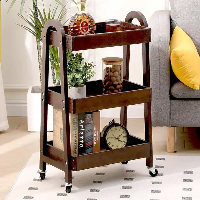 Alt view image 5 of 7 - 3-Tier Wooden Rolling Cart- Wooden Utility Cart wit Wheels- Utility Rolling Cart-Storage Trolley Organizer- Rolling Kitchen Cart Serving Cart for Office,Kitchen, Kids' Room (Walnut Color)
