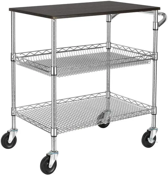 Main image of 3 Tier Heavy Duty Commercial Grade Utility Cart with Wood Top, Wire Rolling Cart with Handle Bar, Steel Service Cart with Wheels, Utility Shelf Food Storage Trolley, NSF Listed