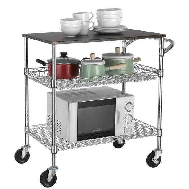 Alt view image 2 of 7 - 3 Tier Heavy Duty Commercial Grade Utility Cart with Wood Top, Wire Rolling Cart with Handle Bar, Steel Service Cart with Wheels, Utility Shelf Food Storage Trolley, NSF Listed