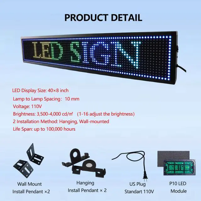 Alt view image 5 of 7 - P10 Programmable LED Sign Outdoor, RGB Full Color Scrolling LED Sign with 4000CD/ High Brightness, WIFI Control Open Welcome Led Digital Display for Business Advertising, Store, 40x 8