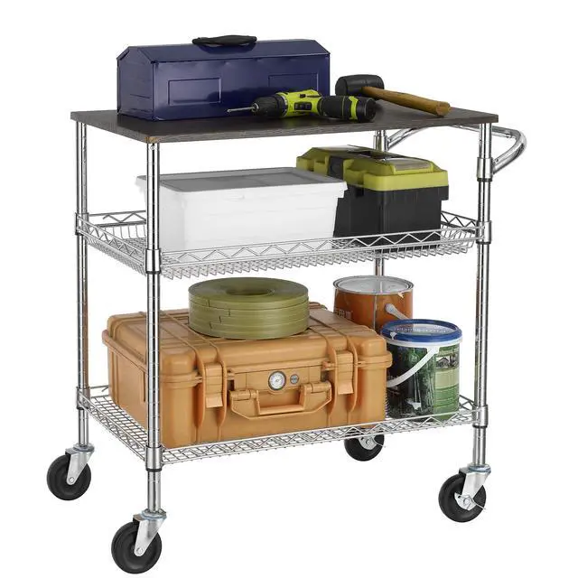 Alt view image 3 of 7 - 3 Tier Heavy Duty Commercial Grade Utility Cart with Wood Top, Wire Rolling Cart with Handle Bar, Steel Service Cart with Wheels, Utility Shelf Food Storage Trolley, NSF Listed