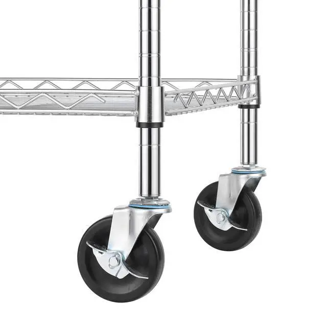 Alt view image 6 of 7 - 3 Tier Heavy Duty Commercial Grade Utility Cart with Wood Top, Wire Rolling Cart with Handle Bar, Steel Service Cart with Wheels, Utility Shelf Food Storage Trolley, NSF Listed