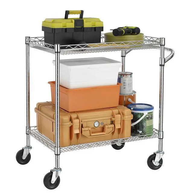 Alt view image 4 of 7 - 3 Tier Heavy Duty Commercial Grade Utility Cart with Wood Top, Wire Rolling Cart with Handle Bar, Steel Service Cart with Wheels, Utility Shelf Food Storage Trolley, NSF Listed