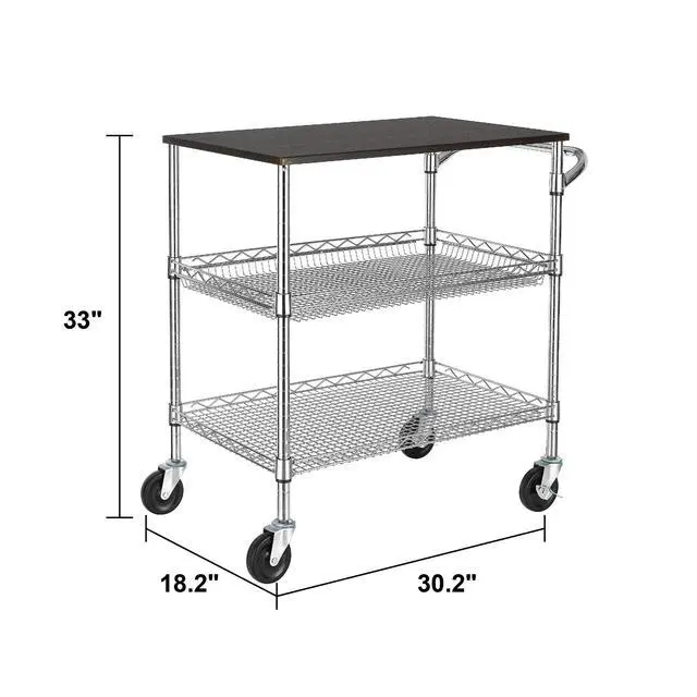 Alt view image 5 of 7 - 3 Tier Heavy Duty Commercial Grade Utility Cart with Wood Top, Wire Rolling Cart with Handle Bar, Steel Service Cart with Wheels, Utility Shelf Food Storage Trolley, NSF Listed