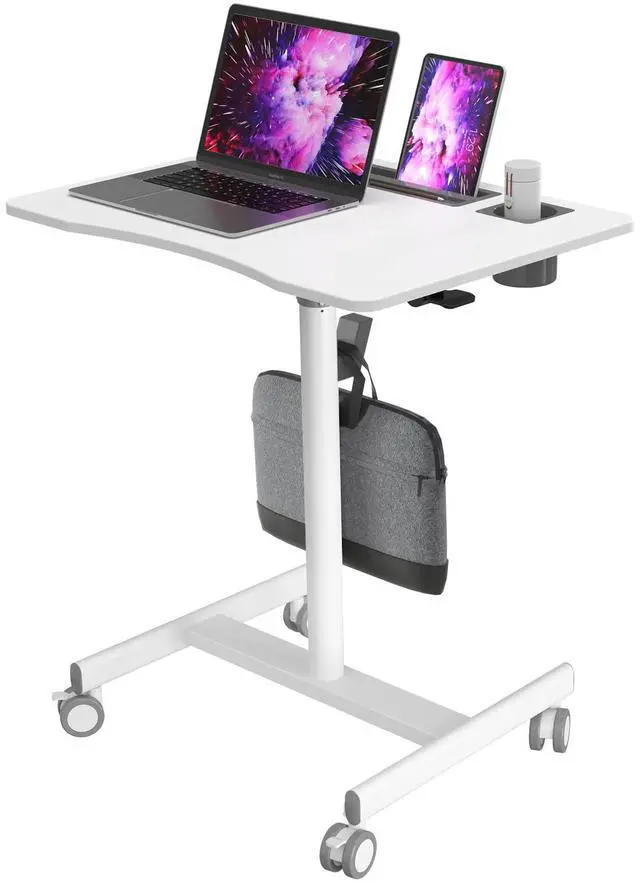 Main image of 28" Mobile Standing Desk with Cup Holder & Widened Slots | Portable Laptop Desk with Wheels, Portable Computer Workstation for Classroom, Rolling Teacher Desk, White