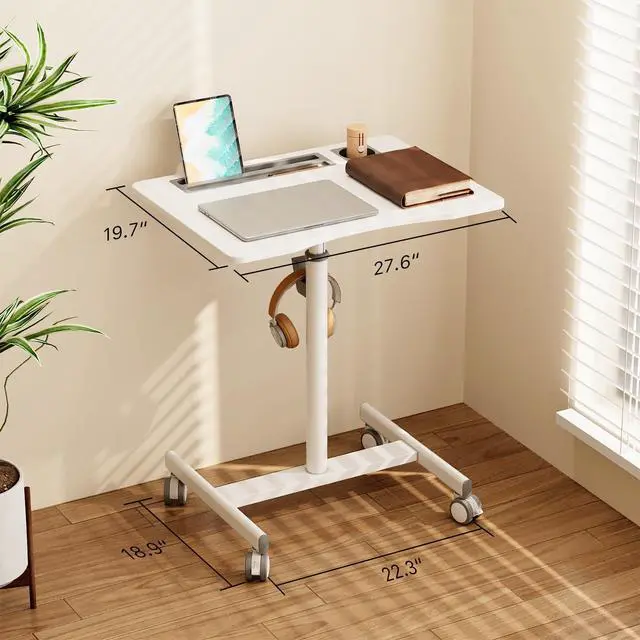 Alt view image 2 of 7 - 28" Mobile Standing Desk with Cup Holder & Widened Slots | Portable Laptop Desk with Wheels, Portable Computer Workstation for Classroom, Rolling Teacher Desk, White