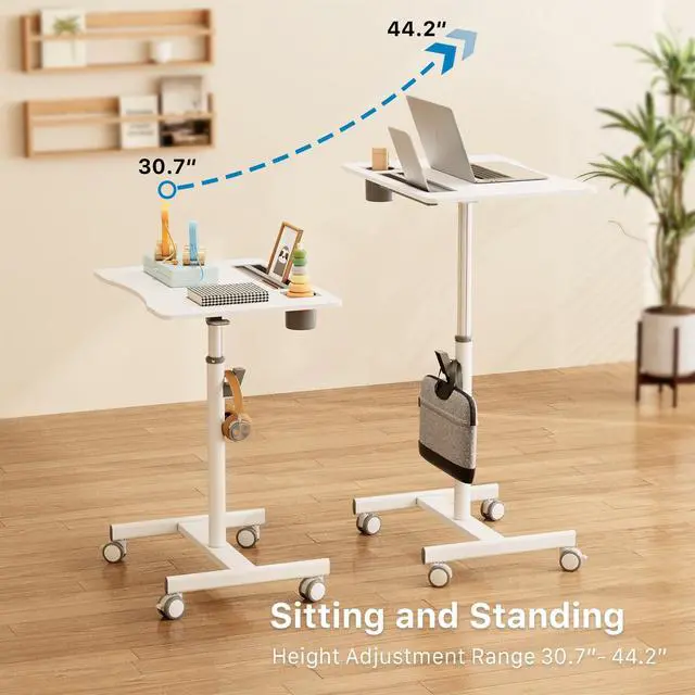 Alt view image 5 of 7 - 28" Mobile Standing Desk with Cup Holder & Widened Slots | Portable Laptop Desk with Wheels, Portable Computer Workstation for Classroom, Rolling Teacher Desk, White