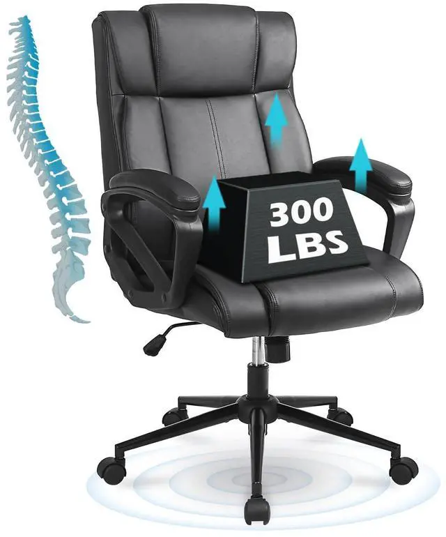 Main image of Ergonomic Executive Office Chair Set of 1, PU Leather, Black | Thick Padded Armrests, Computer Chair with Lumbar Support,Comfy and Soft Cushion, Height Adjustable, 360° Swivel Desk Chair