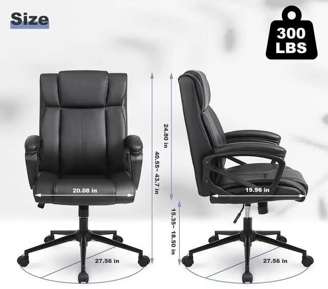 Alt view image 3 of 7 - Ergonomic Executive Office Chair Set of 1, PU Leather, Black | Thick Padded Armrests, Computer Chair with Lumbar Support,Comfy and Soft Cushion, Height Adjustable, 360° Swivel Desk Chair